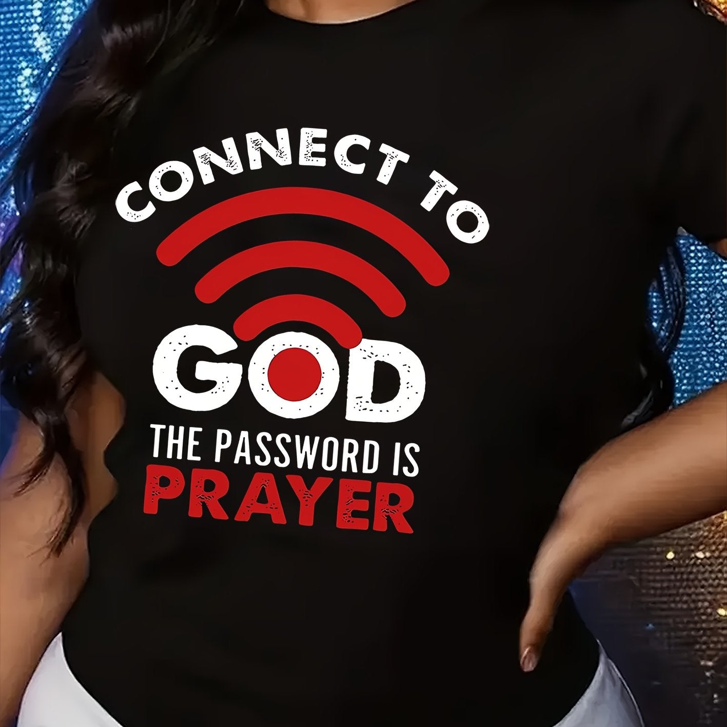 Women'S Casual Crew Neck T-Shirt with "Connect to God, The Password is Prayer" Print, Polyester 100%, Knit Fabric, 180g/m², All Seasons